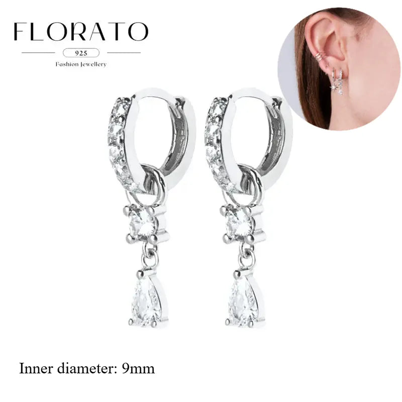 WOMEN 925 Silver Needle Water Drop Geometric Zircon White Zircon Crystal Flowers Pendant Hoop Earrings Fashion Wedding Jewelry