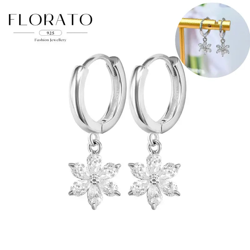 WOMEN 925 Silver Needle Water Drop Geometric Zircon White Zircon Crystal Flowers Pendant Hoop Earrings Fashion Wedding Jewelry
