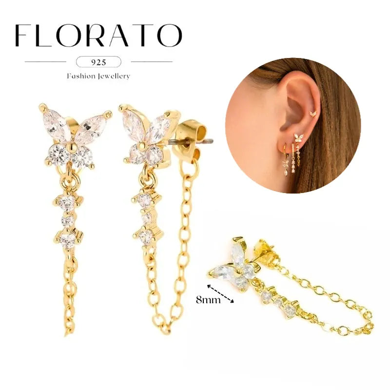 WOMEN 925 Silver Needle Water Drop Geometric Zircon White Zircon Crystal Flowers Pendant Hoop Earrings Fashion Wedding Jewelry