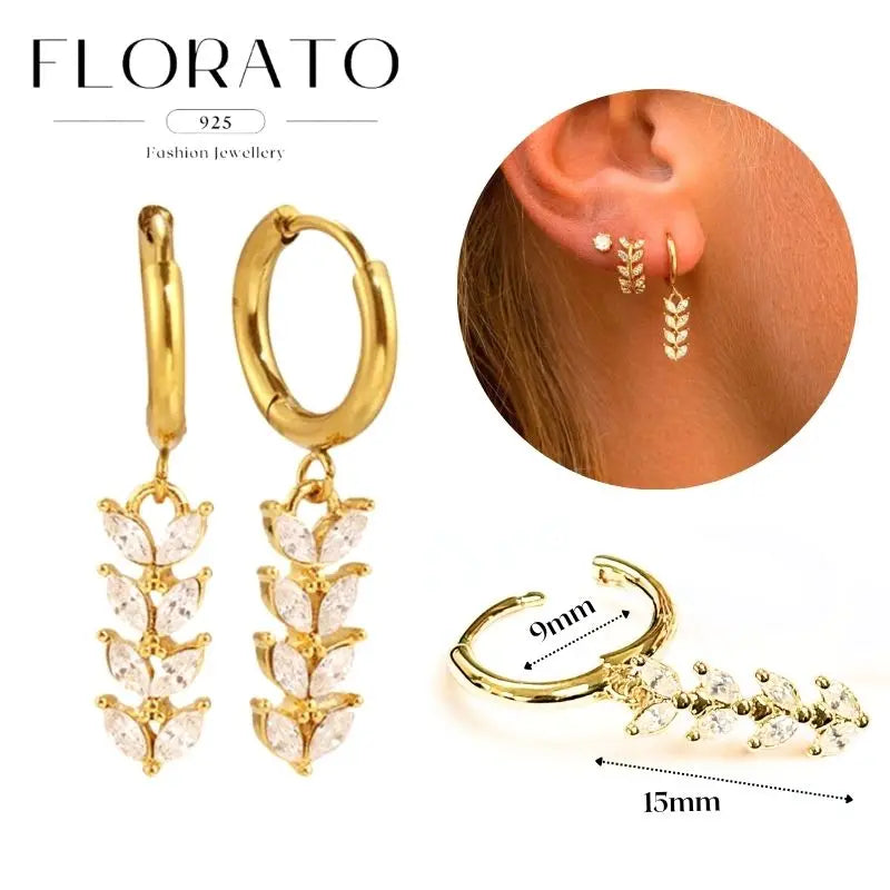 WOMEN 925 Silver Needle Water Drop Geometric Zircon White Zircon Crystal Flowers Pendant Hoop Earrings Fashion Wedding Jewelry