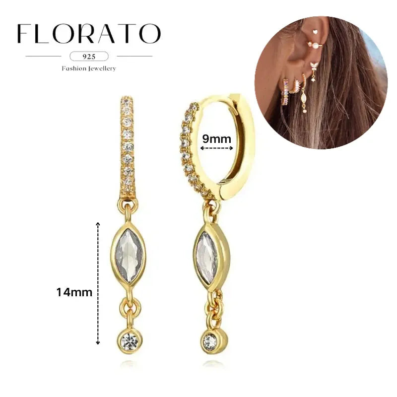 WOMEN 925 Silver Needle Water Drop Geometric Zircon White Zircon Crystal Flowers Pendant Hoop Earrings Fashion Wedding Jewelry