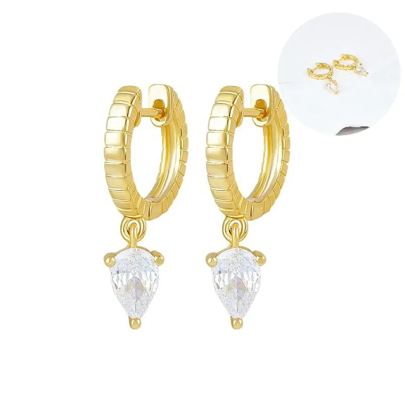 WOMEN 925 Silver Needle Water Drop Geometric Zircon White Zircon Crystal Flowers Pendant Hoop Earrings Fashion Wedding Jewelry