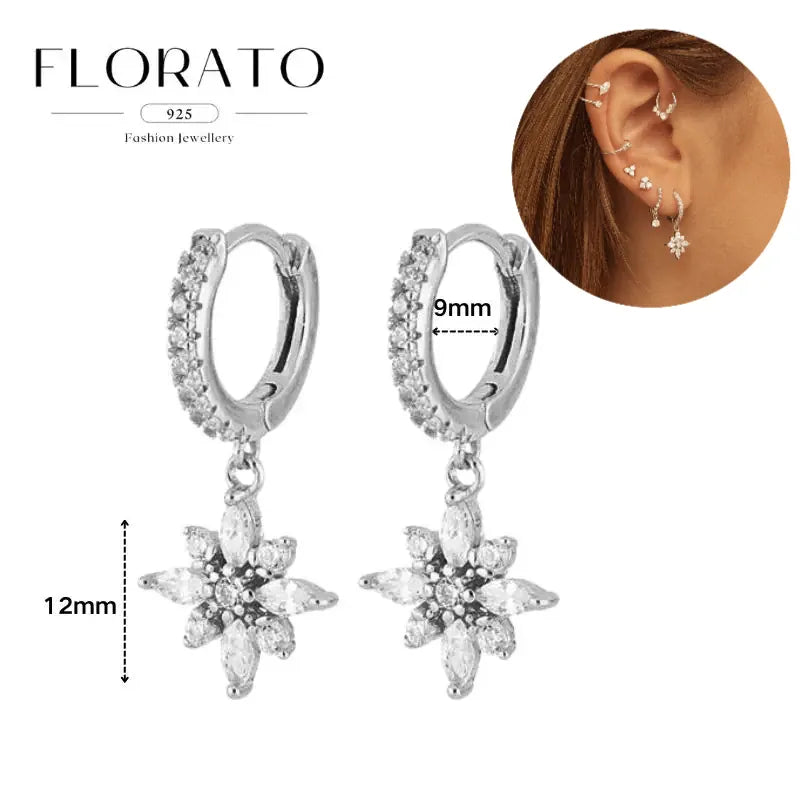 WOMEN 925 Silver Needle Water Drop Geometric Zircon White Zircon Crystal Flowers Pendant Hoop Earrings Fashion Wedding Jewelry