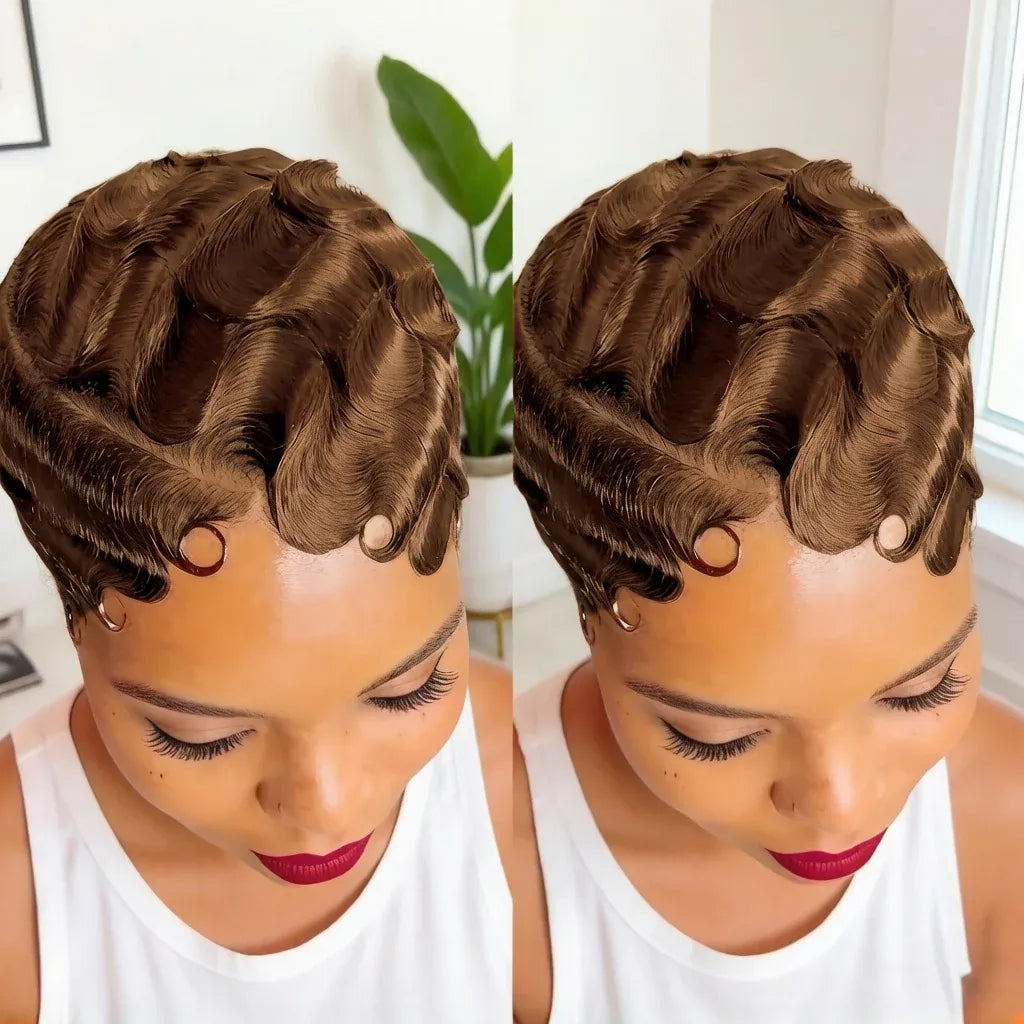 Women Short Black Bob Pixie Cut 13x4 Lace Front Human Hair Wig - 180% Density Finger Wave Texture Natural Look & Versatile Style