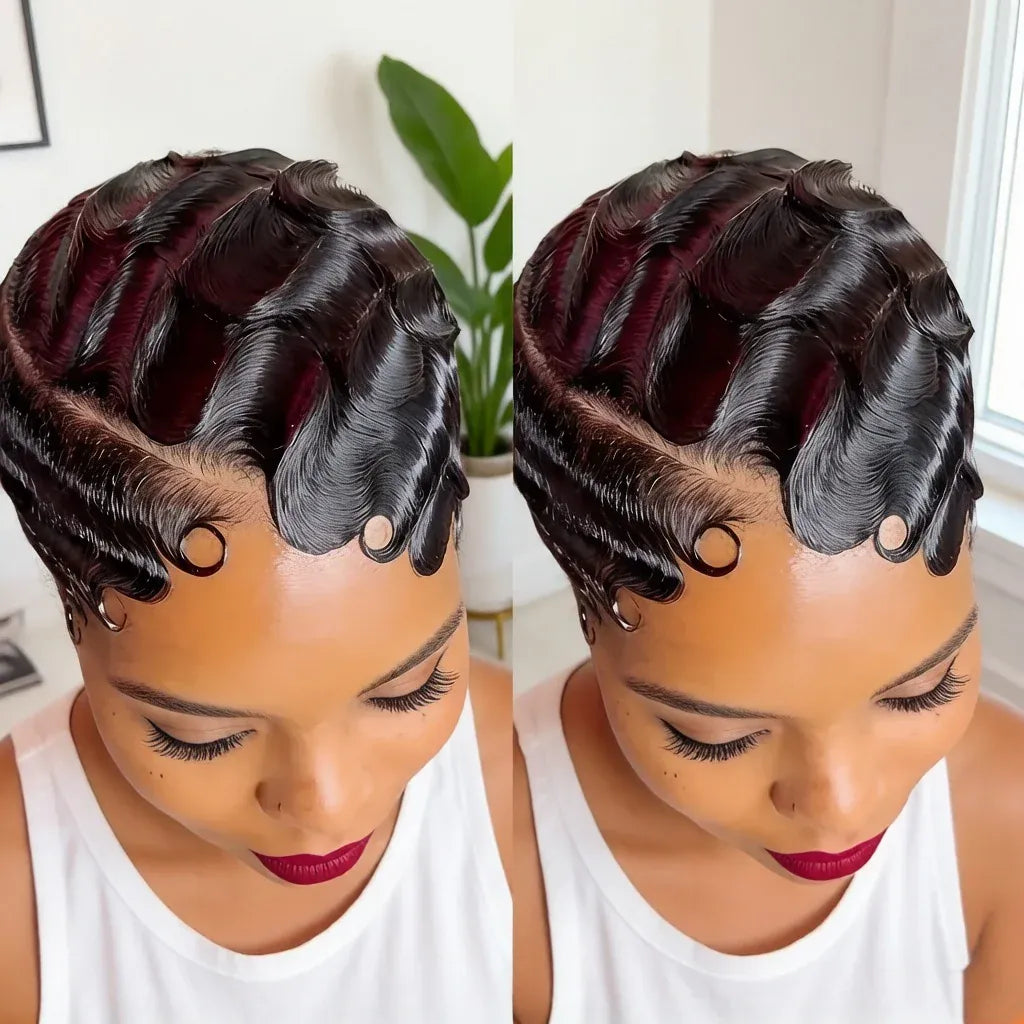 Women Short Black Bob Pixie Cut 13x4 Lace Front Human Hair Wig - 180% Density Finger Wave Texture Natural Look & Versatile Style