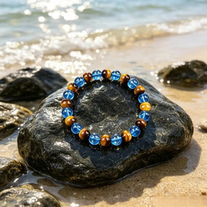 Yellow Tiger Eye & Blue Glass Bead Bracelet, Prosperity Inspired Crystal Stretch Jewelry