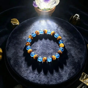 Yellow Tiger Eye & Blue Glass Bead Bracelet, Prosperity Inspired Crystal Stretch Jewelry