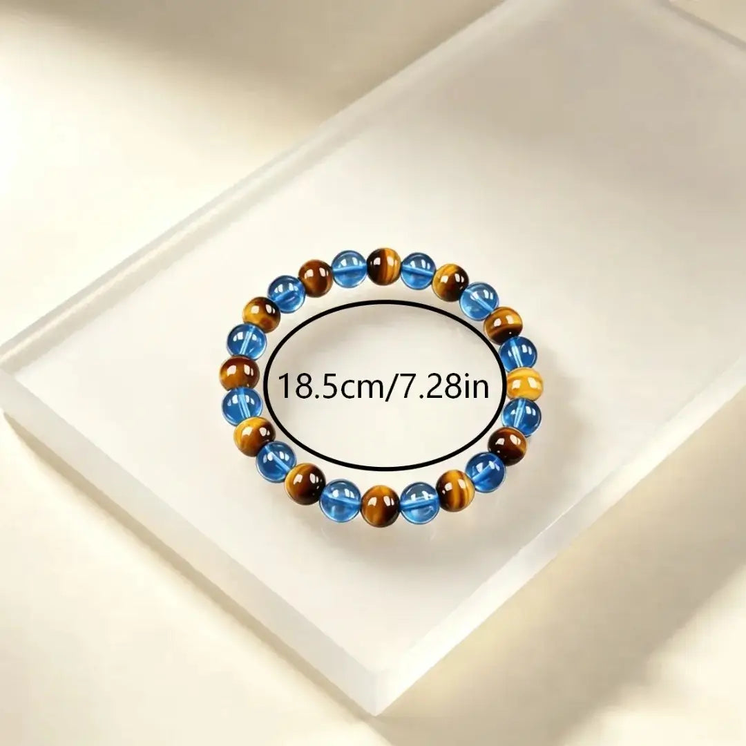 Yellow Tiger Eye & Blue Glass Bead Bracelet, Prosperity Inspired Crystal Stretch Jewelry