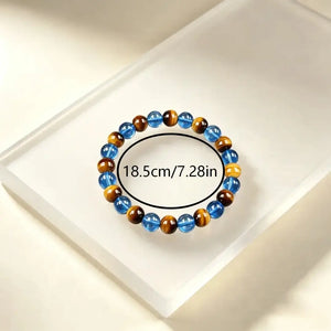 Yellow Tiger Eye & Blue Glass Bead Bracelet, Prosperity Inspired Crystal Stretch Jewelry