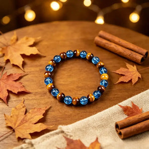 Yellow Tiger Eye & Blue Glass Bead Bracelet, Prosperity Inspired Crystal Stretch Jewelry