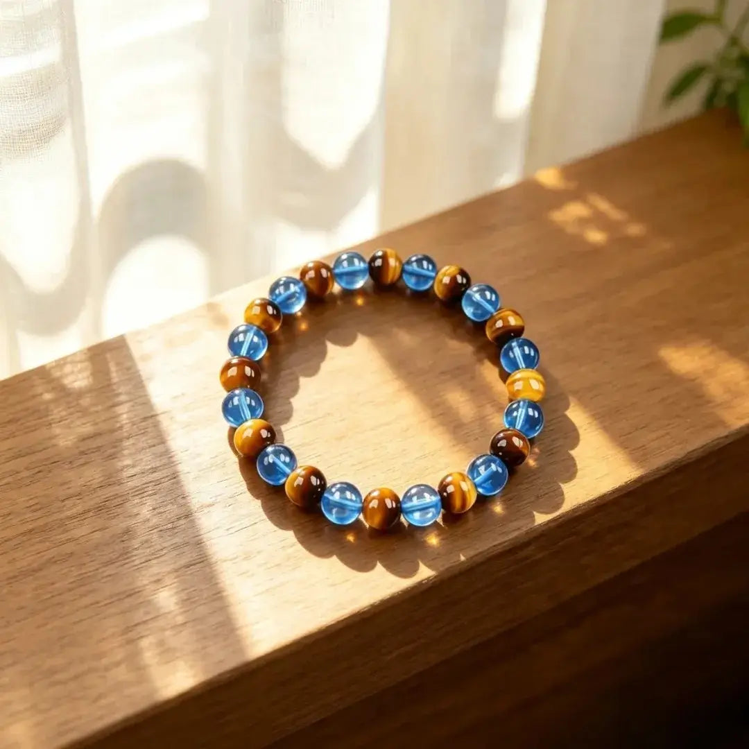 Yellow Tiger Eye & Blue Glass Bead Bracelet, Prosperity Inspired Crystal Stretch Jewelry