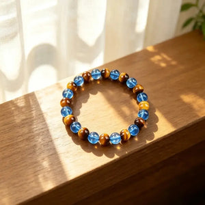 Yellow Tiger Eye & Blue Glass Bead Bracelet, Prosperity Inspired Crystal Stretch Jewelry