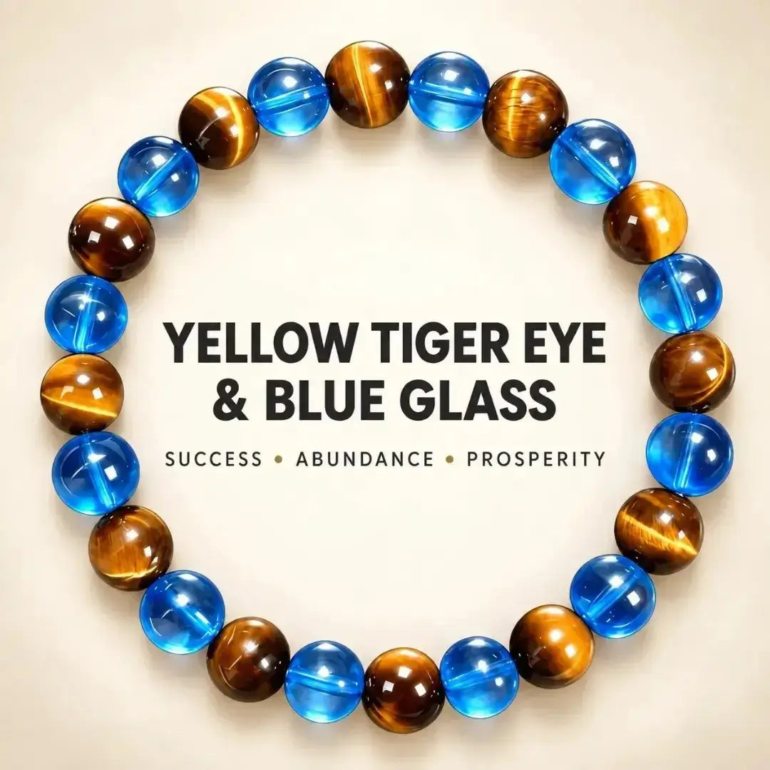 Yellow Tiger Eye & Blue Glass Bead Bracelet, Prosperity Inspired Crystal Stretch Jewelry
