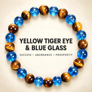 Yellow Tiger Eye & Blue Glass Bead Bracelet, Prosperity Inspired Crystal Stretch Jewelry