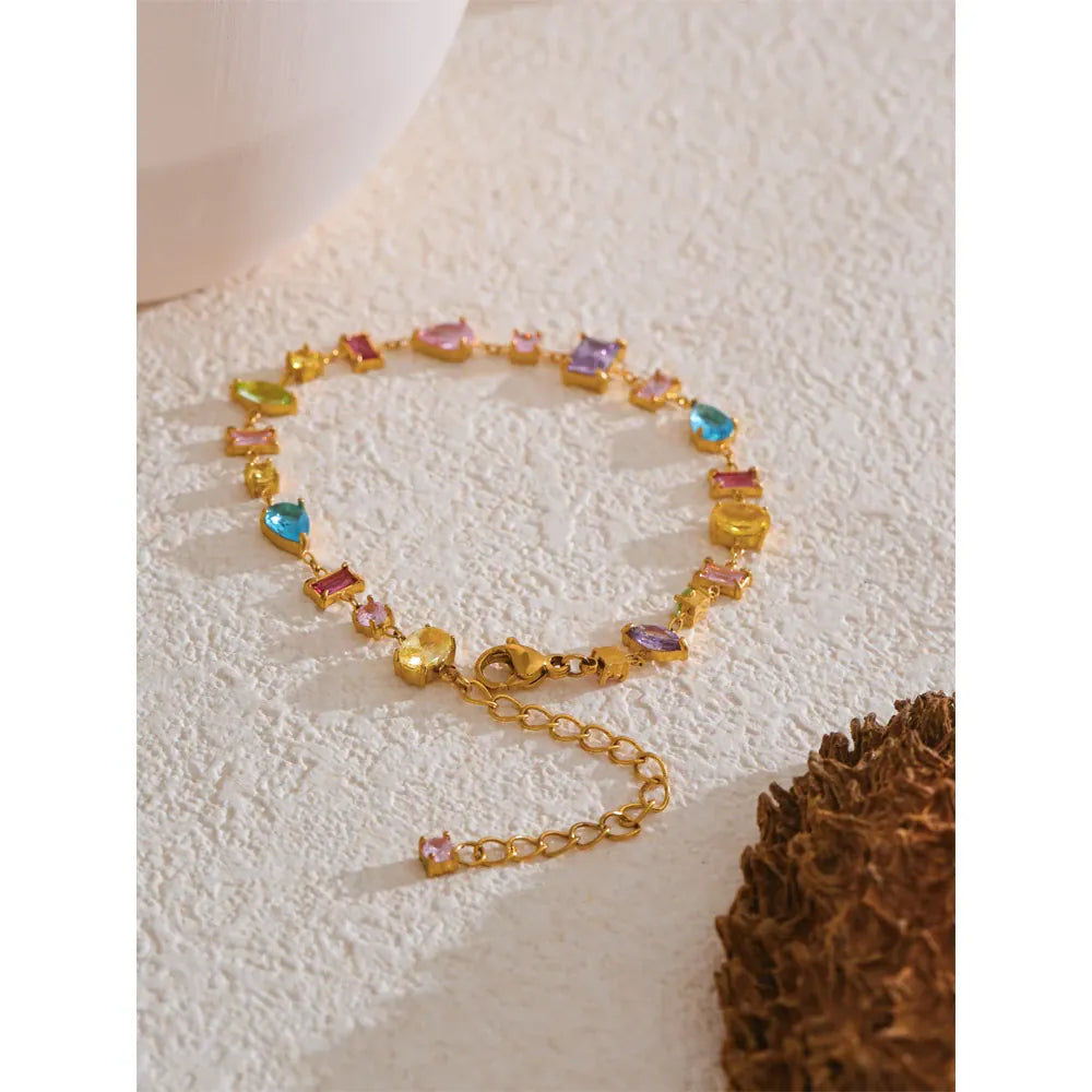 Yhpup Waterproof Gift Delicate Colorful Luxury Cubic Zirconia Chain Chic Bracelet Bangle Women Stainless Steel Wrist Jewelry