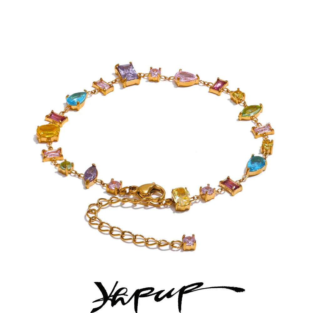 Yhpup Waterproof Gift Delicate Colorful Luxury Cubic Zirconia Chain Chic Bracelet Bangle Women Stainless Steel Wrist Jewelry