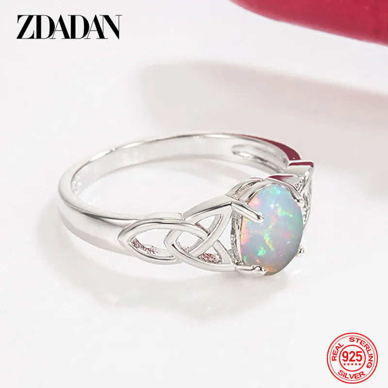 ZDADAN 925 Sterling Silver Oval Opal Ring For Women Girls Fashion Jewelry